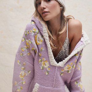 Free People Buttercup Pullover Sweater Hooded Embroidered V-Neck Slouchy XS New